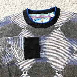 Robert Graham Sweater‎ Mens Medium Gray Blue Merino Wool Crewneck Geometric Knit